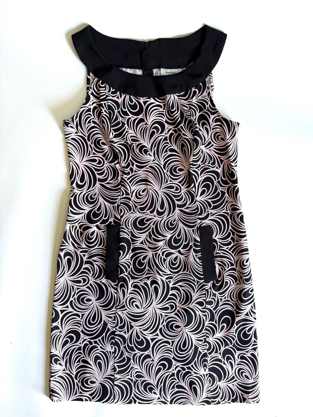 Dressbarn Retro 60s Mod Swirl Shift Dress Pink Black Sz 12 Pockets Vintage Vibes